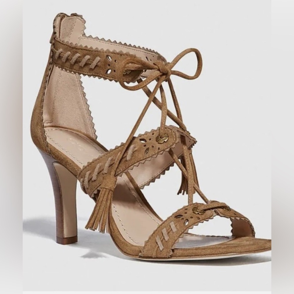 Coach Bella‎ Ankle-Tie High-Heel Suede Sandals Brown Size 7.5